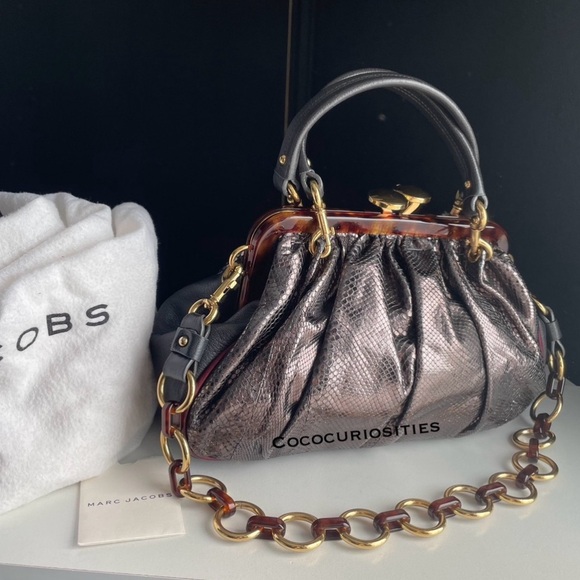 Vintage Marc Jacobs Leather & Snake Skin Python Stam Kiss lock Bag Silver Italy - Picture 1 of 16